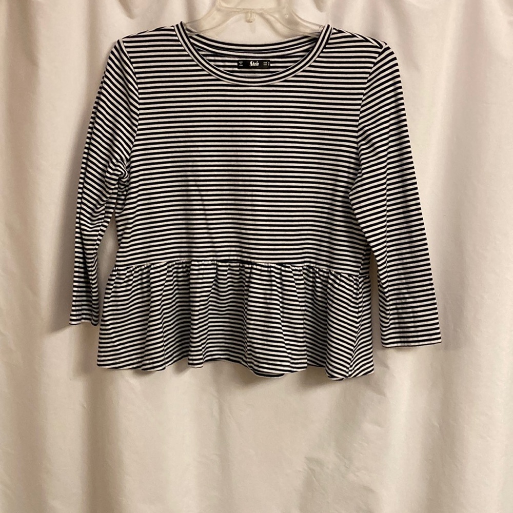Sheln M Tee in Navy & White Stripes With Ruffle Trim Long Sleeves 95% Cotton